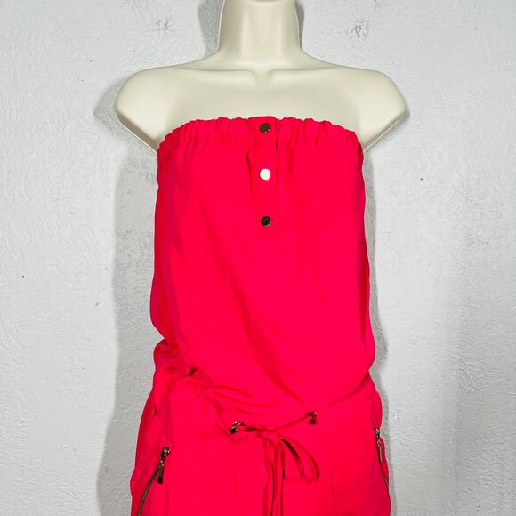 Cache Hot Pink Strapless Romper Casual Gold Zip Pocket Button Front - XS - Picture 2 of 6